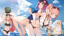  5girls beach bikini blonde_hair blue_sky breasts c-ms_(flying_fish_assault)_(girls&#039;_frontline) c-ms_(girls&#039;_frontline) cleavage cloud cloudy_sky day english_text eyewear_on_head feet flower girls&#039;_frontline haijin hair_flower hair_ornament highres multiple_girls official_alternate_costume official_art one-piece_swimsuit outdoors pink_hair r93_(girls&#039;_frontline) r93_(holiday_lucky_star)_(girls&#039;_frontline) red_hair serdyukov_(crow_lifeguard)_(girls&#039;_frontline) serdyukov_(girls&#039;_frontline) sky soles sunglasses swimsuit tan tanlines toes transparent_sailor_collar type_4_(cape_no._4)_(girls&#039;_frontline) type_4_(girls&#039;_frontline) z-62_(girls&#039;_frontline) z-62_(swimming_lesson)_(girls&#039;_frontline) 