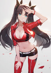  absurdres adjusting_hair aqua_eyes belt belt_buckle black_hair black_ribbon black_shorts blowing_bubbles bracelet breasts buckle chewing_gum cleavage collarbone cowboy_shot crop_top cropped_jacket fate/stay_night fate_(series) female hair_ribbon hand_on_own_thigh hand_up highres jacket jewelry lance_(lancelliu) long_hair looking_at_viewer medium_breasts midriff nail_polish navel official_alternate_costume open_clothes open_hand open_jacket petals race_queen red_jacket red_nails red_sports_bra red_thighhighs ribbon shiny_clothes short_shorts shorts skindentation solo sports_bra stomach thighhighs tohsaka_rin tohsaka_rin_(type-moon_racing) twintails two-tone_sports_bra very_long_hair white_belt wristband zipper zipper_legwear 