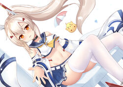  ascot ayanami_(azur_lane) ayanami_(retrofit)_(azur_lane) azur_lane bare_shoulders bird black_choker blue_skirt chick choker crop_top crop_top_overhang detached_sleeves dutch_angle female floating_hair grey_hair kana_(kuaua) long_hair long_sleeves looking_at_viewer manjuu_(azur_lane) midriff miniskirt navel orange_eyes parted_lips pleated_skirt ponytail sailor_collar shirt simple_background sitting skindentation skirt solo stomach thighhighs thighs very_long_hair white_background white_shirt white_thighhighs wide_sleeves 