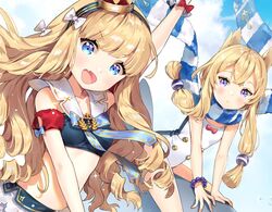  2girls :d adapted_costume ancotaku anniversary arm_up azur_lane bare_arms bare_shoulders bead_bracelet beads bikini blonde_hair blue_bikini blue_eyes blue_sky bow bracelet breasts closed_mouth cloud collarbone commentary_request crown floating_hair hair_ornament hairband hairbow jewelry long_hair looking_at_viewer midriff multiple_girls oerba_yun_fang one-piece_swimsuit open_mouth purple_eyes queen_elizabeth_(azur_lane) sailor_bikini sailor_collar scarf sky small_breasts smile swimsuit thighs v-shaped_eyebrows warspite_(azur_lane) wavy_hair white_sailor_collar 