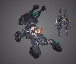  ahoge animal_ears arm_strap artery_gear brown_eyes brown_hair caterpillar_tracks check_copyright chinese_commentary commentary_request controller copyright_request female full_body gloves grey_background highres joystick lying mecha mecha_musume oerba_yun_fang on_stomach original piston railgun robot science_fiction short_hair skin_fang solo stmast wheel 