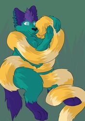  acacia_dune ambiguous_gender anthro cuddling disembodied_tail duo fur green_body green_fur hi_res hug living_tail male orange_body orange_fur purple_body purple_fur strawberry_(acacia) tail tan_body tan_fur unusual_anatomy unusual_tail volfi 