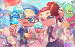  1boy amusement_park blue_eyes blue_hair blue_neckwear blue_sailor_collar cardigan collared_shirt fangs female inkling inkling_boy inkling_girl inkling_player_character looking_at_viewer mkakimikan neckerchief necktie octoling octoling_girl octoling_player_character one_eye_closed open_mouth pleated_skirt ponytail red_eyes red_hair sailor_collar school_uniform selfie serafuku shirt skirt smile splatoon_(series) splatoon_2 sweatdrop tentacle_hair white_shirt 