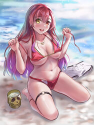  absurdres barefoot beach bikini breasts commentary_request cup dokuro-kun_(houshou_marine) female heterochromia highres hololive houshou_marine houshou_marine_(summer) jewelry large_breasts long_hair mug navel necklace official_alternate_costume official_alternate_hair_length official_alternate_hairstyle outdoors red_bikini red_eyes red_hair shorts skull solo swimsuit untied_bikini unworn_shorts very_long_hair virtual_youtuber white_shorts yellow_eyes yujin_(kanouyuuto-0423) 