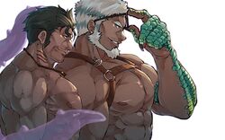  2boys abs aegir_(housamo) anchor_earrings aqua_hair areolae bad_id bad_twitter_id bara beard blue_eyes chest_harness dagon_(housamo) dark-skinned_male dark_skin earrings eyewear_on_head facial_hair fingernails fins fish_boy from_side grey_hair harness jewelry large_pectorals long_sideburns male_focus mature_male multicolored_hair multiple_boys muscular muscular_male noramoso official_alternate_costume pectorals sharp_fingernails short_hair sideburns single_earring smirk stomach streaked_hair sunglasses tentacle thick_eyebrows tokyo_afterschool_summoners upper_body white_hair 