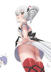  !? 2girls absurdres ass bare_shoulders bi_tian_li_de_xing blue_eyes blue_hair blush breasts bronya_zaychik bronya_zaychik_(drive_kometa) bronya_zaychik_(yamabuki_armor) commentary_request detached_sleeves dress drill_hair from_below grey_eyes grey_hair hair_between_eyes highres honkai_(series) honkai_impact_3rd looking_down multiple_girls no_panties open_mouth red_thighhighs seele_vollerei short_sleeves simple_background sleeveless sleeveless_dress small_breasts solo_focus thighhighs upskirt white_background white_dress 