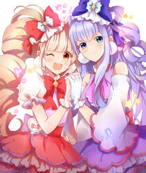  2girls ;d aisaki_emiru ascot beamed_eighth_notes blonde_hair blue_eyes blunt_bangs blush bow bowtie closed_mouth commentary cure_amour cure_macherie detached_sleeves earrings eighth_note gloves hairbow heart highres holding_hands hugtto!_precure interlocked_fingers jewelry layered_skirt lazy_orange long_hair looking_at_viewer magical_girl multiple_girls musical_note one_eye_closed open_mouth orange_eyes photoshop_(medium) pink_ascot pink_bow pom_pom_(clothes) precure puffy_short_sleeves puffy_sleeves purple_bow purple_hair purple_skirt red_bow red_bowtie red_skirt ruru_amour short_sleeves sidelocks skirt smile star_(symbol) twintails white_background white_gloves wide_sleeves 