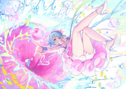  bloomers blue_eyes blue_hair breasts chinese_commentary choker commentary_request dress envelope falling female haiyi high_heels highres holding holding_envelope jellyfish_hair_ornament kyuri_tizu looking_at_viewer medium_breasts short_hair solo strapless strapless_dress synthesizer_v underwear wrist_cuffs 