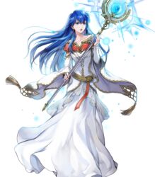  blue_eyes blue_hair bridal_gauntlets collarbone dress elice_(fire_emblem) female fire_emblem fire_emblem:_mystery_of_the_emblem fire_emblem_heroes full_body glowing glowing_staff gold_trim highres holding long_dress long_hair long_sleeves non-web_source official_art open_mouth solo staff transparent_background wada_sachiko white_dress wide_sleeves 