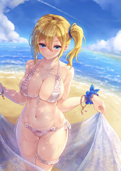  alternate_costume ass_visible_through_thighs bare_arms bare_shoulders beach bikini blonde_hair blue_eyes blue_scrunchie blue_sky blush bracelet breasts bridal_garter cleavage closed_mouth cloud collarbone commentary_request cowboy_shot curvy day female front-tie_bikini_top front-tie_top hair_between_eyes hair_ornament hair_scrunchie halterneck hayasaka_ai highres holding holding_sarong jewelry kaguya-sama_wa_kokurasetai_~tensai-tachi_no_renai_zunousen~ large_breasts looking_at_viewer makirin navel ocean outdoors sand scrunchie shadow shore short_hair side-tie_bikini_bottom side_ponytail sidelocks skindentation sky smile solo standing stomach sweat swimsuit thighs water wet white_bikini wrist_scrunchie 