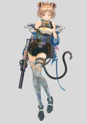  absurdres animal_ears bell belt belt_pouch black_gloves buckle bullpup chuck_(harfmoondark) counter-strike_(series) counter-strike_2 double_bun female finger_to_mouth fingerless_gloves full_body girls&#039;_frontline gloves grey_background gun gun_decal hair_bun highres holding holding_gun holding_weapon jingle_bell leaning_to_the_side light_brown_hair looking_at_viewer neck_bell off_shoulder one_eye_closed p90 p90_(girls&#039;_frontline) parted_bangs pouch red_eyes shoes short_hair shorts simple_background snap-fit_buckle solo standing submachine_gun suppressor tail tank_top thigh_strap thighhighs weapon 