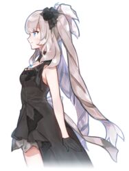  black_gloves blue_eyes blush breasts closed_mouth commentary cowboy_shot dress fate/grand_order fate_(series) female from_side gloves grey_hair headpiece long_hair marie_antoinette_(fate) marie_antoinette_(formal_dress)_(fate) official_alternate_costume simple_background sleeveless sleeveless_dress small_breasts smile solo standing twintails very_long_hair yurizuka_(sergeant_heart) 