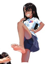  barefoot bike_shorts black_hair black_shorts black_skirt brown_eyes commentary dark-skinned_female dark_skin dress_shirt english_commentary feet female foot_focus foot_up grin hair_ornament hairclip hand_on_own_chest hand_on_own_hip ijiranaide_nagatoro-san leg_up long_hair looking_at_viewer nagatoro_hayase pov pov_hands presenting_foot puerto_rican_flag raised_eyebrows shirt shorts simple_background skirt smile soles standing standing_on_one_leg thick_eyebrows toes upskirt vodkuh white_background white_shirt 