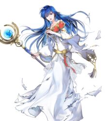  blue_eyes blue_hair bridal_gauntlets collarbone dress earrings elice_(fire_emblem) female fire_emblem fire_emblem:_mystery_of_the_emblem fire_emblem_heroes full_body gold_trim highres holding holding_staff jewelry long_dress long_hair long_sleeves looking_away non-web_source official_art open_mouth skirt solo staff torn_clothes torn_dress torn_skirt transparent_background wada_sachiko white_dress wide_sleeves 