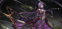  armor armored_dress breasts chinese_commentary cleavage commentary_request dark_persona date_a_live dress elbow_gloves female garter_straps gloves hair_ornament highres hip_armor long_hair looking_at_viewer medium_breasts navel pink_eyes purple_dress purple_hair purple_legwear revealing_clothes see-through standing sword thighhighs wangchuan_de_quanyan weapon yatogami_tenka yatogami_tooka 