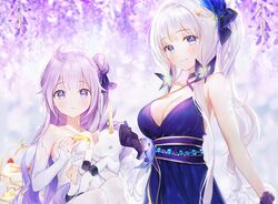  2girls ahoge azur_lane bangs bare_shoulders blue_dress blue_eyes blush breasts cleavage collarbone detached_sleeves dress elbow_gloves eyebrows_visible_through_hair fingerless_gloves flower gloves gomzi hair_flower hair_ornament illustrious_(azur_lane) illustrious_(never-ending_tea_party)_(azur_lane) large_breasts long_hair looking_at_viewer mole mole_under_eye multiple_girls purple_dress purple_eyes purple_hair ribbon sidelocks smile unicorn_(azur_lane) upper_body very_long_hair 