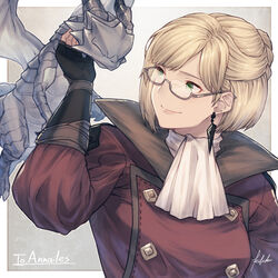  blonde_hair coat collared_jacket commission earrings female final_fantasy final_fantasy_xiv fingerless_gloves glasses gloves green_eyes happy highres hyur ivris jacket jewelry midgardsormr_(final_fantasy) original red_coat scarf semi-rimless_eyewear signature skeb_commission smile stitched_neck stitches upper_body warrior_of_light_(ff14) 