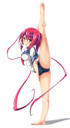  absurdres breasts female flexible full_body highres i-168_(kancolle) kantai_collection leg_lift leg_up long_hair one-piece_swimsuit ponytail red_hair school_swimsuit school_uniform serafuku short_sleeves small_breasts solo split standing standing_on_one_leg standing_split swimsuit swimsuit_under_clothes unomi very_long_hair 