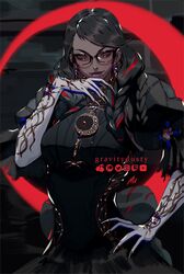  bayonetta bayonetta_(series) bayonetta_3 black_hair braid clothing_cutout earrings eyeshadow female glasses gloves gravitydusty highres jewelry lipstick long_hair looking_at_viewer makeup mole mole_under_mouth multicolored_hair red_hair ribbon simple_background smile solo streaked_hair twin_braids 