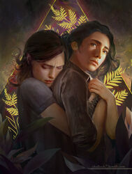  2girls black_hair brown_hair closed_eyes dina_(the_last_of_us_2) ellie_(the_last_of_us) holding_hands hug hug_from_behind jacket leaf looking_away multiple_girls plant shalizeh7 shirt short_sleeves the_last_of_us_(series) the_last_of_us_2 upper_body yuri 