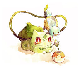  blush bright_pupils bulbasaur closed_mouth commentary flower holding holding_watering_can lying no_humans oharu-chan on_stomach painting_(medium) plant poke_ball_print pokemon pokemon_(creature) red_eyes smile solo squirt_bottle_(pokemon) squirtle symbol-only_commentary traditional_media vines watercolor_(medium) watering watering_can 