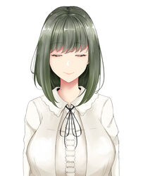  absurdres black_ribbon blouse bob_cut breasts closed_eyes closed_mouth eyelashes facing_viewer female flowers_(innocent_grey) green_hair highres huge_breasts lips loose_hair_strand medium_hair mole mole_on_neck neck_ribbon noocmi ribbon shirt simple_background smile solo takasaki_chidori upper_body white_background white_shirt 