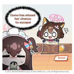  2girls :d =_= animal_ear_fluff animal_ears apron bell black_dress blue_archive blush border bow brown_hair cat_hair_ornament character_name chibi commentary company_name copyright_notice cup donmin_h dress drinking english_commentary english_text flying_sweatdrops fox_girl hair_between_eyes hair_ornament hairbow halo heart hiding holding indoors izuna_(blue_archive) jingle_bell long_hair maid maid_headdress multiple_girls ninja_screen o_o oerba_yun_fang official_art open_mouth pink_halo second-party_source shizuko_(blue_archive) skin_fang smile standing sweat v-shaped_eyebrows watermark wavy_mouth web_address white_border 