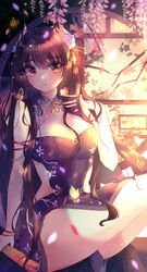  absurdres anklet azur_lane bad_id bad_pixiv_id black_hair blue_flower breasts brown_eyes bug butterfly china_dress chinese_clothes cleavage commentary dress female floral_print flower folded_fan folding_fan hair_between_eyes hair_flower hair_ornament hand_fan hiei_(azur_lane) hiei_(fragrant_red_plum)_(azur_lane) highres holding holding_fan horns jewelry large_breasts long_hair looking_at_viewer official_alternate_costume open_mouth petals purple_dress revision sitting solo very_long_hair wine_(2148_wine) 