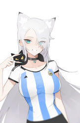  2022_fifa_world_cup absurdres adidas animal_ears argentina argentinian_flag argentinian_flag_print asociacion_de_futbol_argentina black_cat black_choker blue_eyes blue_nails blue_shirt breasts cat_ears choker ear_piercing earrings eyes_visible_through_hair feline female fingernails flag_print grey_hair grin hair_over_one_eye heart_pendant highres jewelry kemonomimi_mode large_breasts long_fingernails long_hair looking_at_viewer milim_nova nail_polish original piercing shirt short_sleeves simple_background smile soccer_uniform solo sportswear striped_clothes striped_shirt v vertical-striped_clothes vertical-striped_shirt very_long_hair white_background white_shirt world_cup z-chan_(milim_nova) 