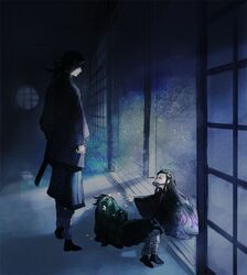  2boys bamboo bit_gag black_hair brother_and_sister checkered_haori commentary_request demon_slayer_uniform female full_body gag hair_ribbon haori indoors japanese_clothes kamado_nezuko kamado_tanjirou katana kimetsu_no_yaiba kimono long_hair long_sleeves looking_at_another lying moonlight multicolored_hair multiple_boys night on_side patio pink_hair ponytail profile ribbon sakamoto_bin scabbard sheath shin_guards short_hair siblings standing sword tomioka_giyuu two-tone_hair weapon wide_sleeves 