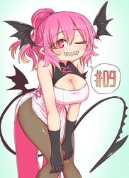  armpit_crease bat_wings bent_over black_wings boots breasts chapter_number cleavage dress fangs fangs_out female hands_on_own_knee head_wings highres large_breasts one_eye_closed pantyhose pink_eyes pink_hair sumire_(yakunitatsu_node_chi_o_kudasai) vampire vietnamese_dress white_dress wings yakunitatsu_node_chi_o_kudasai zyugoya 