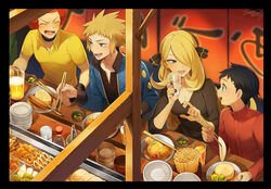  3boys black_border black_choker black_nails black_shirt black_wristband blonde_hair blue_eyes blue_jacket border breasts choker chopsticks cleavage collared_shirt commentary_request cup cynthia_(pokemon) eating female flint_(pokemon) food food_stand glass grey_eyes hair_ornament hair_over_one_eye holding holding_cup jacket long_hair long_sleeves lucas_(pokemon) medium_breasts multiple_boys nail_polish noren oden open_clothes open_jacket plate pokemon pokemon_dppt red_hair shirt short_hair short_sleeves spiked_hair table volkner_(pokemon) yatai yellow_shirt yukin_(es) 