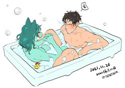  1boy animal_ears artist_name bathing bathtub body_fur brown_hair bubble cat_ears cat_girl closed_eyes completely_nude dated female full_body furry furry_female green_fur green_hair knees_up long_hair mixed-sex_bathing nude oerba_yun_fang open_mouth original rubber_duck scribble shared_bathing simple_background sitting soap_bubbles splashing teko_(tawake) twitter_username water white_background 