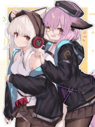  2girls absurdres alternate_costume animal_ears arknights bare_shoulders dur-nar_(arknights) ears_through_headwear fox_ears frostleaf_(arknights) glasses hand_on_another&#039;s_head hand_on_another&#039;s_shoulder hat headphones highres jacket long_hair medium_hair miniskirt multiple_girls one_eye_closed open_clothes open_jacket pantyhose pleated_skirt purple_eyes purple_hair red_eyes shirt skirt sleeveless sleeveless_shirt white_hair white_shirt yki 