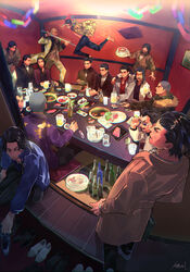  6+boys :d ^_^ absurdres akiyama_shun arm_around_shoulder battle beard beer_mug black_hair black_jacket black_pants black_shirt blonde_hair blue_jacket blush bottle brown_coat brown_jacket buzz_cut cake chopsticks closed_eyes closed_mouth coat collared_jacket cup date_makoto dojima_daigo eyepatch facial_hair facing_away fighting_stance food formal full_body fur_trim goda_ryuji green_jacket grey_jacket hat highres holding holding_plate holding_sword holding_weapon irei_yukitoshi jacket jumping katana kiryu_kazuma lettuce long_sleeves majima_goro male_focus mine_yoshitaka mug multiple_boys nishikiyama_akira oda_jun one_eye_covered open_mouth pants party_hat plate pouring purple_jacket red_jacket red_shirt ryuu_ga_gotoku_(series) ryuu_ga_gotoku_0 ryuu_ga_gotoku_1 ryuu_ga_gotoku_2 ryuu_ga_gotoku_3 ryuu_ga_gotoku_4 ryuu_ga_gotoku_5 saejima_taiga shimabukuro_rikiya shinada_tatsuo shirt short_hair smile standing suit sunglasses sword table tachibana_tetsu tanaka_shinji tanimura_masayoshi upper_body very_short_hair watase_masaru weapon white_jacket yakiniku yellow_coat yellow_jacket yellow_suit 