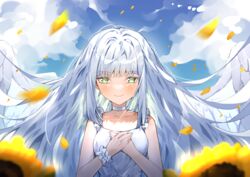  absurdres ai-nohikari bare_arms bare_shoulders blue_sky blurry blurry_foreground blush breasts choker clip_studio_paint_(medium) closed_mouth cloud cloudy_sky collarbone commentary_request day depth_of_field dress feathered_wings female flower green_eyes grey_hair highres long_hair looking_at_viewer original outdoors own_hands_together petals sky sleeveless sleeveless_dress small_breasts smile solo sunflower upper_body very_long_hair white_choker white_dress white_wings wings wrist_cuffs yellow_flower 