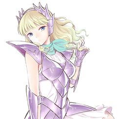  armor armored_dress blonde_hair blue_eyes blue_neckwear closed_mouth delphinus_mii dress female floating_hair gauntlets lisa_(lisa_lisa_life) long_hair looking_at_viewer pauldrons saint_seiya saint_seiya_saintia_sho short_dress shoulder_armor simple_background sleeveless sleeveless_dress solo white_background white_dress 