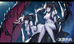  2girls absurdres all_fours arm_strap bare_arms bare_legs bare_shoulders black_gloves black_hair blue_eyes breasts cleavage closed_mouth commentary_request demon_girl demon_horns demon_wings dragon expressionless feet_out_of_frame gloves haze/reverb highres horns large_breasts letterboxed lust_(haze/reverb) multiple_girls outdoors pale_skin parted_lips photoshop_(medium) purple_eyes rain rorinya siblings sidelocks single_glove sitting tattoo twins twintails wings 