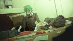  2girls bag bathroom black_skirt blonde_hair blood blood_from_mouth blood_on_face blood_on_leg blue_eyes bow bow_hairband bruise bullying cardigan commentary cuts deep_wound green_eyes green_hair grey_cardigan gumi hairband hairbow highres indoors injury kagamine_rin long_skirt lying medium_hair multiple_girls neck_ribbon on_side paper paper_towel pleated_skirt red_ribbon ribbon school_uniform short_hair sidelocks sitting skirt vocaloid white_bow wiping_face wounds404 