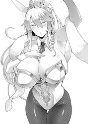  animal_ears artoria_pendragon_(fate) artoria_pendragon_(swimsuit_ruler)_(fate) bare_shoulders between_breasts blush braid breasts card cleavage clothing_cutout detached_collar fate/grand_order fate_(series) feather_boa female fishnet_pantyhose fishnets french_braid greyscale highleg highleg_leotard huge_breasts leotard long_hair looking_at_viewer monochrome navel navel_cutout necktie open_mouth pantyhose photoshop_(medium) playboy_bunny playing_card ponytail rabbit_ears sidelocks simple_background soba_(saz) solo thighs tiara white_background wrist_cuffs 