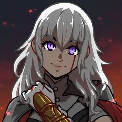  akairiot alternate_color alternate_hair_color armor byleth_(female)_(fire_emblem) byleth_(fire_emblem) cape closed_mouth cosplay edelgard_von_hresvelg edelgard_von_hresvelg_(cosplay) female fire_emblem fire_emblem:_three_houses gloves long_hair looking_at_viewer purple_eyes red_cape simple_background smile solo super_smash_bros. white_background white_hair 