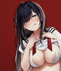  :p areola_slip bad_id bad_pixiv_id black_hair blush bra breasts clothes_lift commentary_request eyes_visible_through_hair female hair_over_one_eye large_breasts lifting_own_clothes long_hair looking_at_viewer md5_mismatch naughty_face nekomugiharu original purple_eyes red_background resolution_mismatch satou_mei school_uniform shirt shirt_lift short_sleeves solo source_smaller sweatdrop tongue tongue_out underwear upper_body white_bra white_shirt 