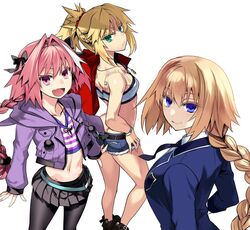  1boy 2girls astolfo_(fate) astolfo_(memories_at_trifas)_(fate) bandeau bare_shoulders blonde_hair blue_eyes bow braid braided_ponytail breasts butt_crack crop_top cutoffs fate/apocrypha fate_(series) french_braid green_eyes hair_intakes hair_ornament hair_scrunchie hairbow highres ishida_akira jacket jeanne_d&#039;arc_(fate) jeanne_d&#039;arc_(girl_from_orleans)_(fate) large_breasts long_hair long_sleeves looking_at_viewer mordred_(fate) mordred_(fate/apocrypha) mordred_(memories_at_trifas)_(fate) multicolored_hair multiple_girls official_alternate_costume open_mouth otoko_no_ko pantyhose parted_bangs pink_hair ponytail purple_eyes scrunchie sidelocks skirt small_breasts smile streaked_hair very_long_hair white_hair 