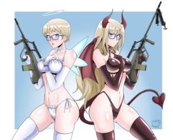  2girls arm_between_breasts ass_visible_through_thighs assault_rifle between_breasts black_gloves blue-framed_eyewear blue_background blue_eyes blush border breasts bullpup demon_horns demon_tail demon_wings dual_persona elbow_gloves english_commentary fairy_wings foregrip fugubarakun gloves groin gun halo highres horns large_breasts long_hair looking_at_viewer multiple_girls multiple_persona navel paid_reward_available panties rifle scope scowl short_hair side-tie_panties skindentation steyr_aug steyr_aug_(upotte!!) tail thighhighs thighs twitter_username underwear upotte!! weapon white_border white_gloves wings 