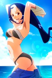  armpits arms_up asahina_natsuki bikini blue_hair breasts clothes_lift clothes_pull cowboy_shot day female hairband lens_flare long_hair looking_at_viewer mole mole_under_mouth navel non-web_source ocean official_art open_mouth outdoors pants pants_pull photoshop_(medium) red_eyes shirt_lift solo strapless strapless_bikini super_real_mahjong swimsuit tanaka_ryou undressing 