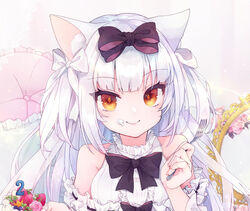  animal_ear_fluff animal_ears azur_lane bare_shoulders black_bow bow breasts cake cat_ears closed_mouth commentary_request detached_sleeves dress eating female fingernails food food_on_face fork frilled_dress frilled_sleeves frills hair_ribbon hairbow highres holding holding_fork long_hair looking_at_viewer medium_breasts mirror official_alternate_costume ribbon shichijou_natori sidelocks smile solo two_side_up umbrella white_hair white_ribbon yellow_eyes yukikaze_(azur_lane) yukikaze_(sovereign_of_the_swing)_(azur_lane) 