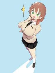  absurdres black_skirt blue_background breasts brown_hair bural_chingu cardigan commentary female green_eyes ham_na-bi highres huge_breasts korean_commentary loafers looking_at_viewer luke_(dydansgur) necktie open_mouth pleated_skirt school_uniform shoes short_twintails simple_background skirt smile socks solo twintails white_socks 