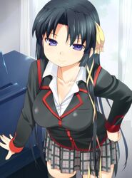  absurdres bakutendou black_hair black_thighhighs breasts cleavage commentary_request cowboy_shot female grey_skirt hair_ribbon highres kurugaya_yuiko little_busters! little_busters!_school_uniform long_hair medium_breasts plaid plaid_skirt pleated_skirt purple_eyes ribbon school_uniform second-party_source skirt solo standing thighhighs yellow_ribbon 