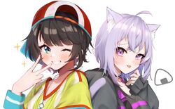  2girls :d absurdres animal_ears baseball_cap black_hair black_hoodie cat_ears cat_girl green_eyes grin hat highres hololive hood hoodie mashiro_io multiple_girls nekomata_okayu nekomata_okayu_(1st_costume) one_eye_closed oozora_subaru oozora_subaru_(1st_costume) purple_eyes purple_hair shirt short_hair simple_background smile star_(symbol) teeth tomboy tongue tongue_out v virtual_youtuber whistle whistle_around_neck white_background yellow_shirt 