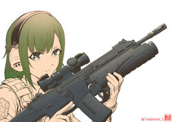  female green_eyes green_hair grenade_launcher gun headset highres howa_type_20 little_armory long_hair rifle simple_background solo suzuki_tadatomo toyosaki_ena trigger_discipline twitter_username underbarrel_grenade_launcher weapon white_background 